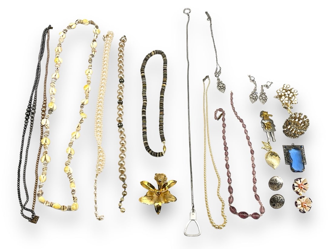 Vintage Beaded Necklaces, Stamped "Coro" Brooch, Girl w/Cat Brooch, Matching Necklace and Earrings: Vintage Beaded Necklaces, Stamped "Coro" Brooch, Girl w/Cat Brooch, Matching Necklace and Earrings w/DiamantÈ Stones and MoreLot includes shell necklaces, faux pearl necklaces, beaded necklaces, a st