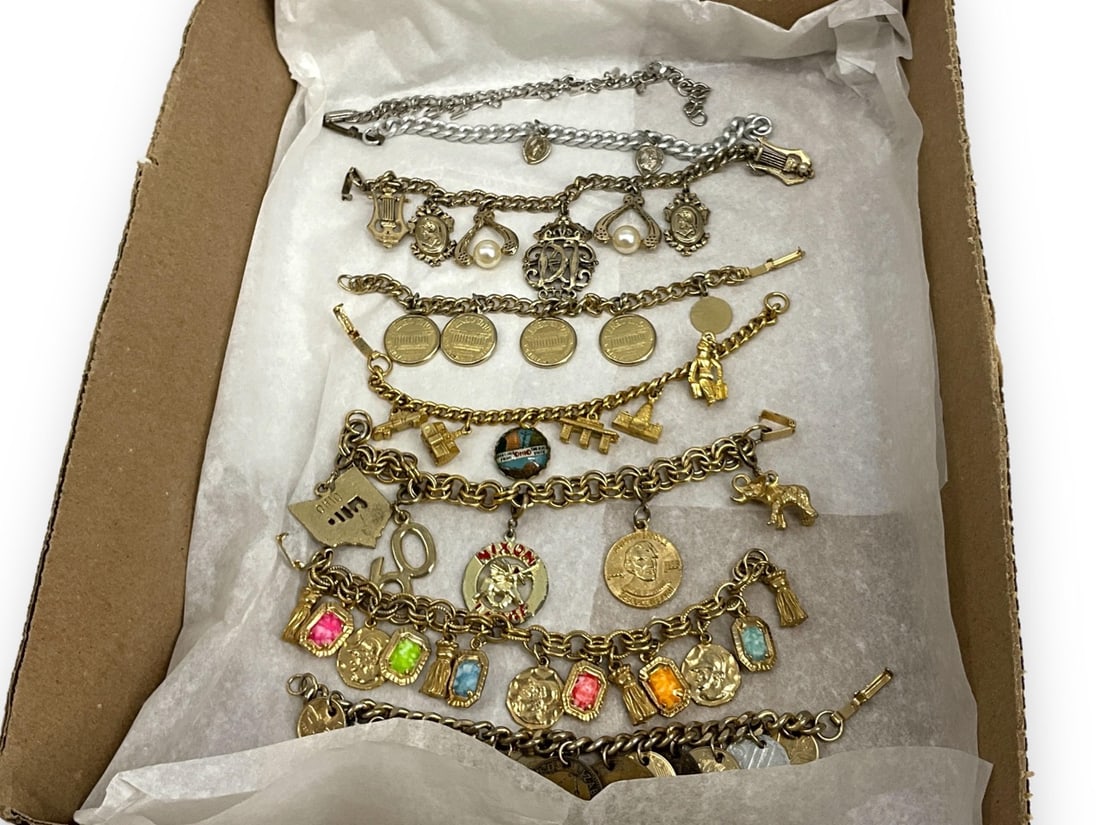 Eight Vintage Fashion Charm Bracelets: Eight Vintage Fashion Charm BraceletsFashion charm bracelets include one @ 7" long with the charms spelling "Mount Vernon," a silver-tone chain bracelet with two religious charms @ 6 1/2" long, a gold