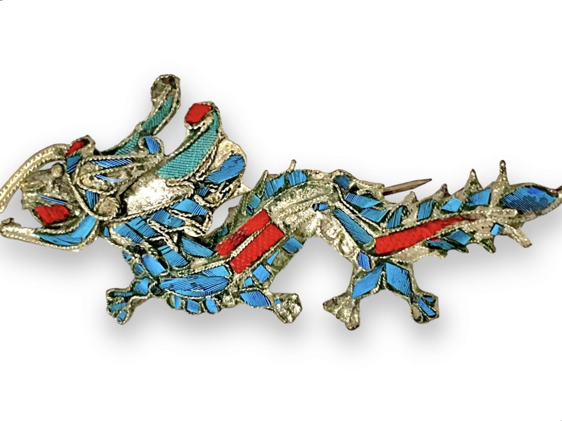 RARE Antique Chinese Kingfisher Blue Feather Dragon Pin (1 of 5)