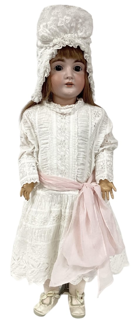 Kestner 164 bisque socket head girl.: Kestner 164 bisque socket head girl.30" doll with human hair wig, glass sleep eyes, open mouth with teeth, jointed composition body, dressed in antique whites. Beautiful doll but unfortunately ha