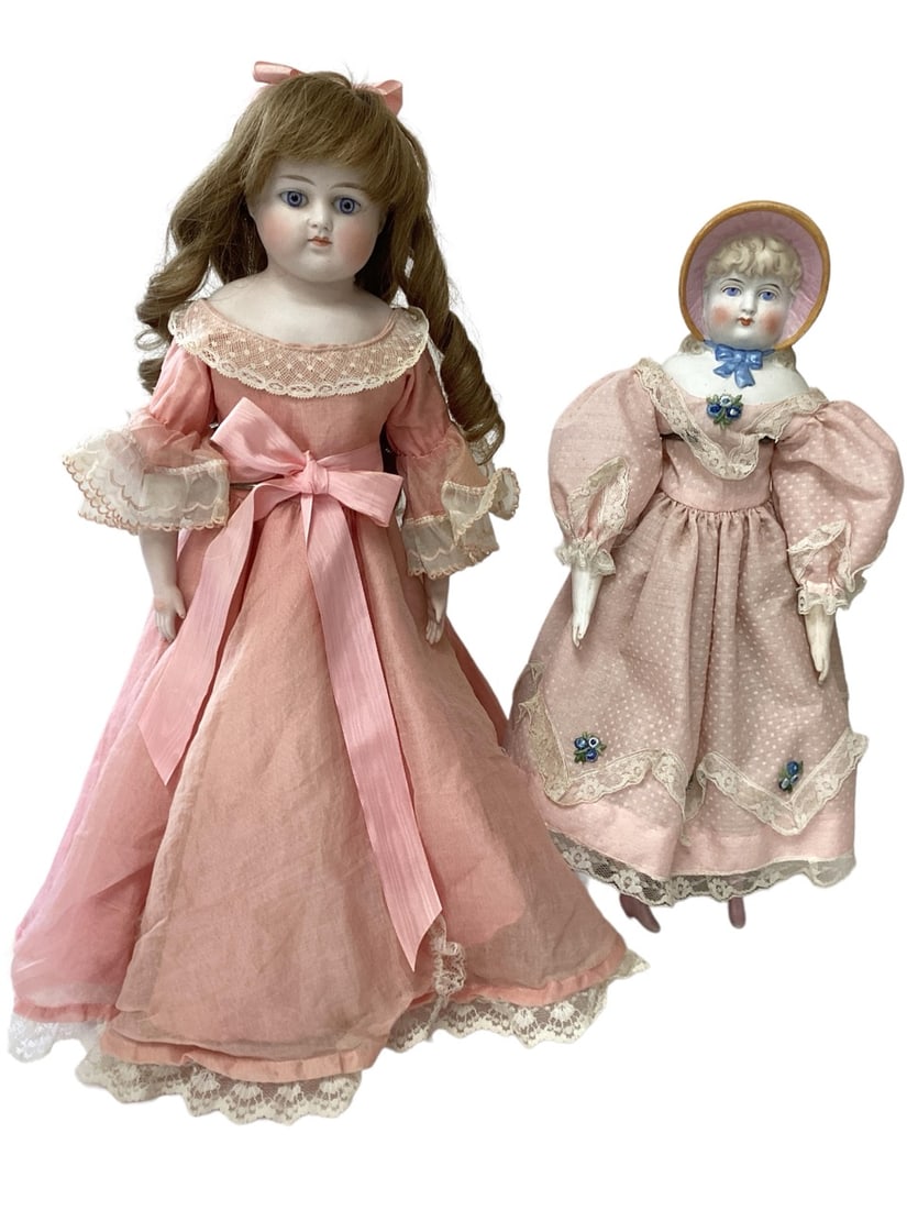 17" Bisque Shoulder Head Doll, 15" Bisque Parian Bonnet Doll (1 of 9)