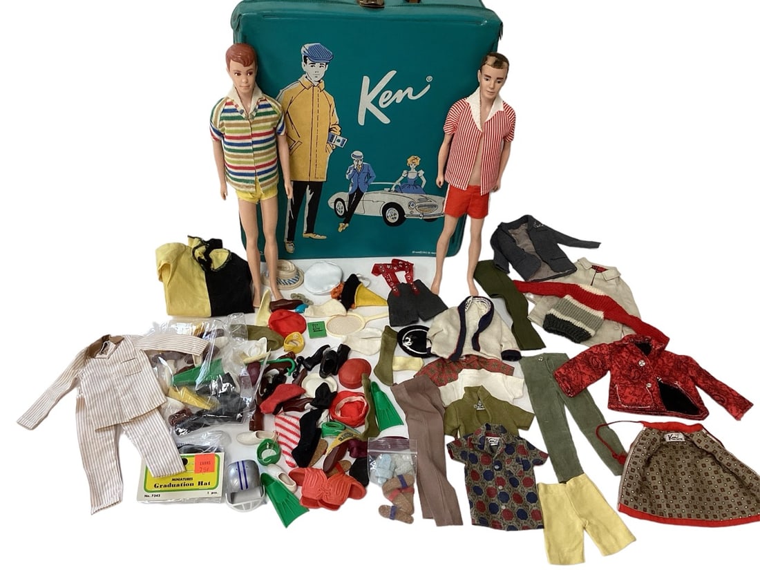 Ken Case With Ken and Allan Dolls and Many Clothes and Accessories: Ken Case With Ken and Allan Dolls and Many Clothes and Accessories(1) Teal Ken case in good condition that holds several great items including (1) Ken Doll with major hair rubs, face looks really good