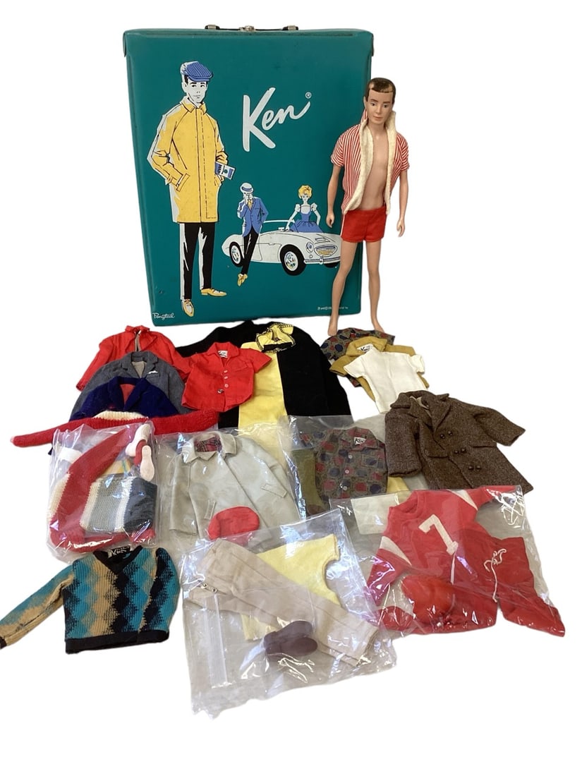 Ken Doll with Case and Clothes: Ken Doll with Case and Clothes(1) Brunette flocked hair Ken doll ( many hair rubs; needs reflocked) with clean body and nice face paint. Ken is wearing his original swim trunks and jacket. Ken has a n