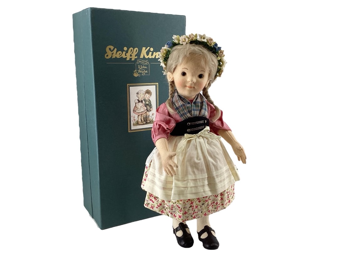 Stiffer Kinder Collection "Katharina" #41/500 by R. john Wright Dolls: Stiffer Kinder Collection "Katharina" #41/500 by R. john Wright DollsKatharina is 17", fully jointed and made entirely of felt.Costumed in shantung silk blouse with plaid cotton scarf, felt belt