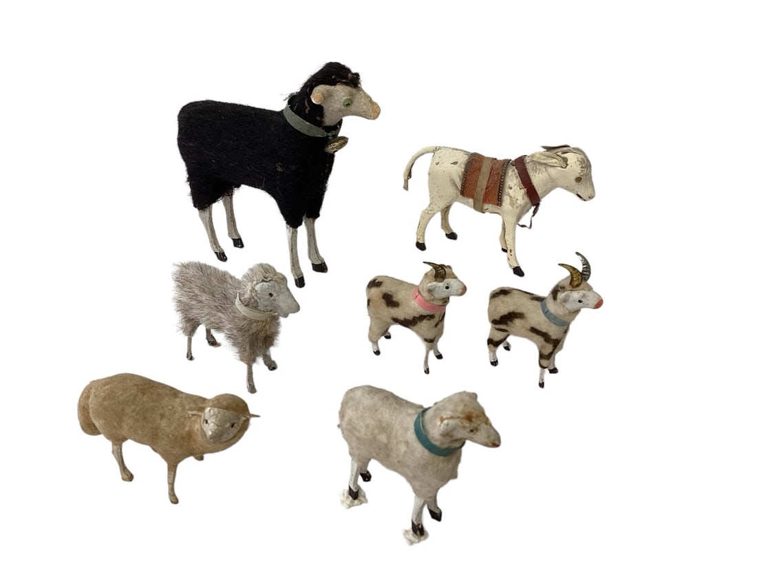 Small Wood Leg Animals: Small Wood Leg AnimalsRanging from 2" to 4" to top of heads. These have been either carved or cast then covered in various materials & features & feet painted. Two are missing horns. Some were made in