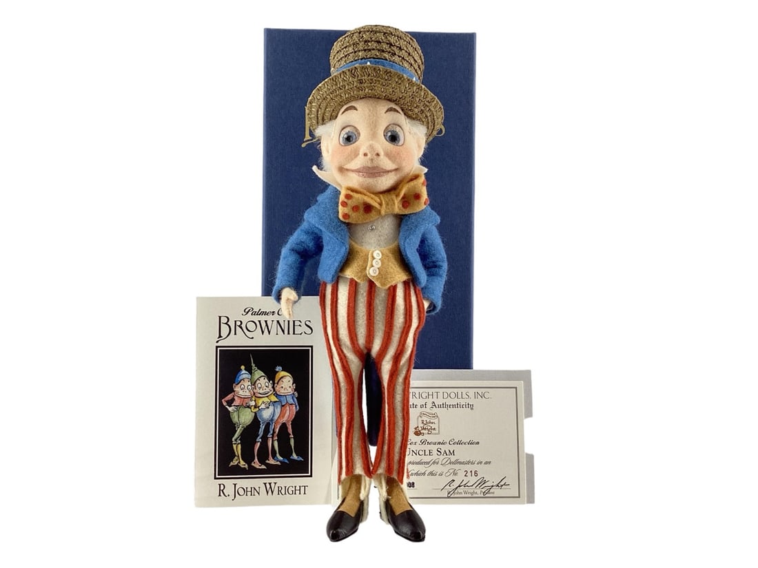 Palmer Cox Brownie "Uncle Sam" #0216/250 by R. John Wright with UnSigned Tag: Palmer Cox Brownie "Uncle Sam" #0216/250 by R. John Wright with UnSigned TagUncle Sam BrownieBased on the "Brownies" illustrations of Palmer Cox.Height: 9 1/2" (including hat); jointed