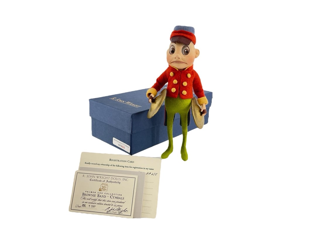 Artist Proof #AP 2/5 "Brownie Band ~ Cymbals" Doll by R. John Wright.: Artist Proof #AP 2/5 "Brownie Band ~ Cymbals" Doll by R. John Wright.A Palmer Cox Collection. This item is certified to have been produce in an exclusive edition limited to 175 pieces. Dated JUL 7 200