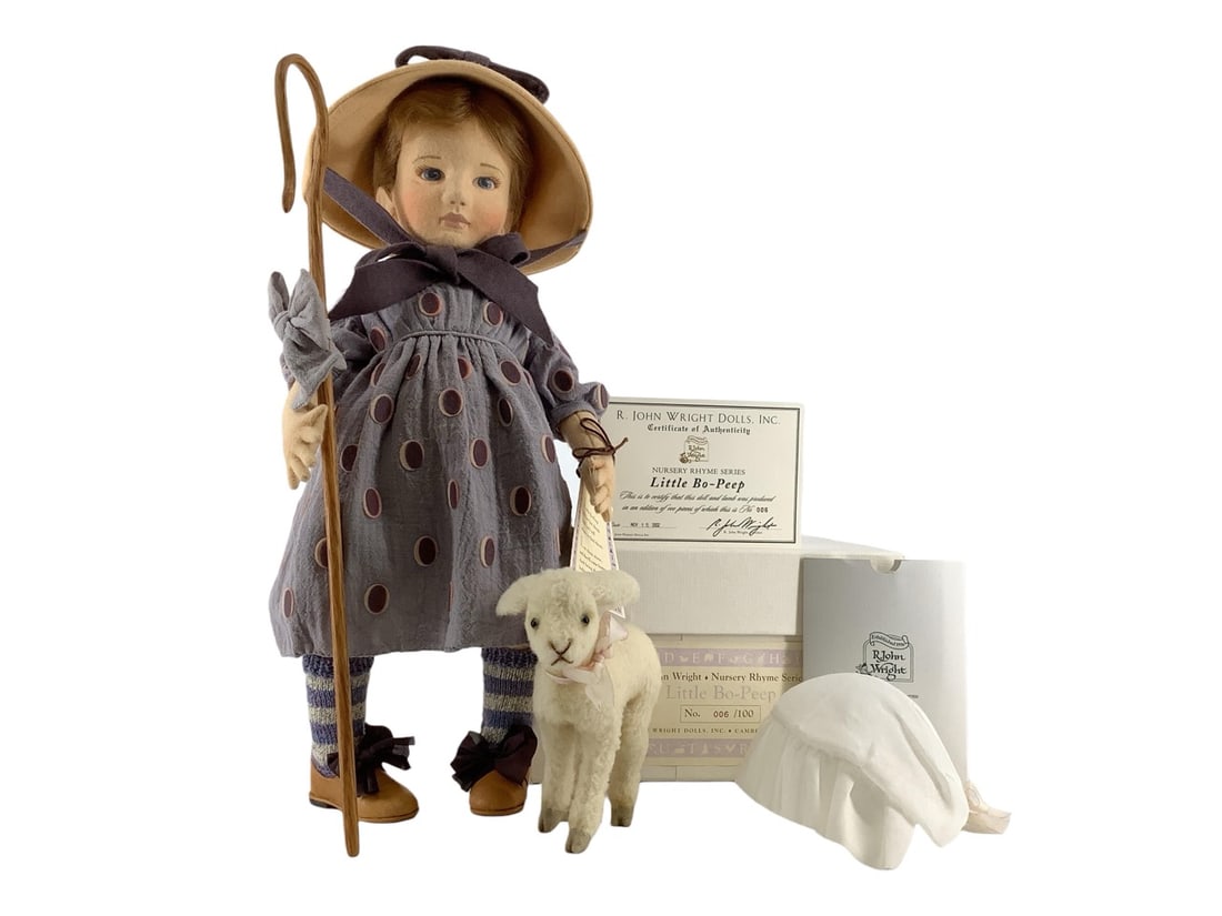 R. John Wright "Little Bo - Peep" 17" Doll LBP #006 of 100.: R. John Wright "Little Bo - Peep" 17" Doll LBP #006 of 100.R. John Wright Nursery Rhyme Series.Little Bo-Peep 17" molded felt, five-way jointed and constructed of the finest all-wool felt. Her fa