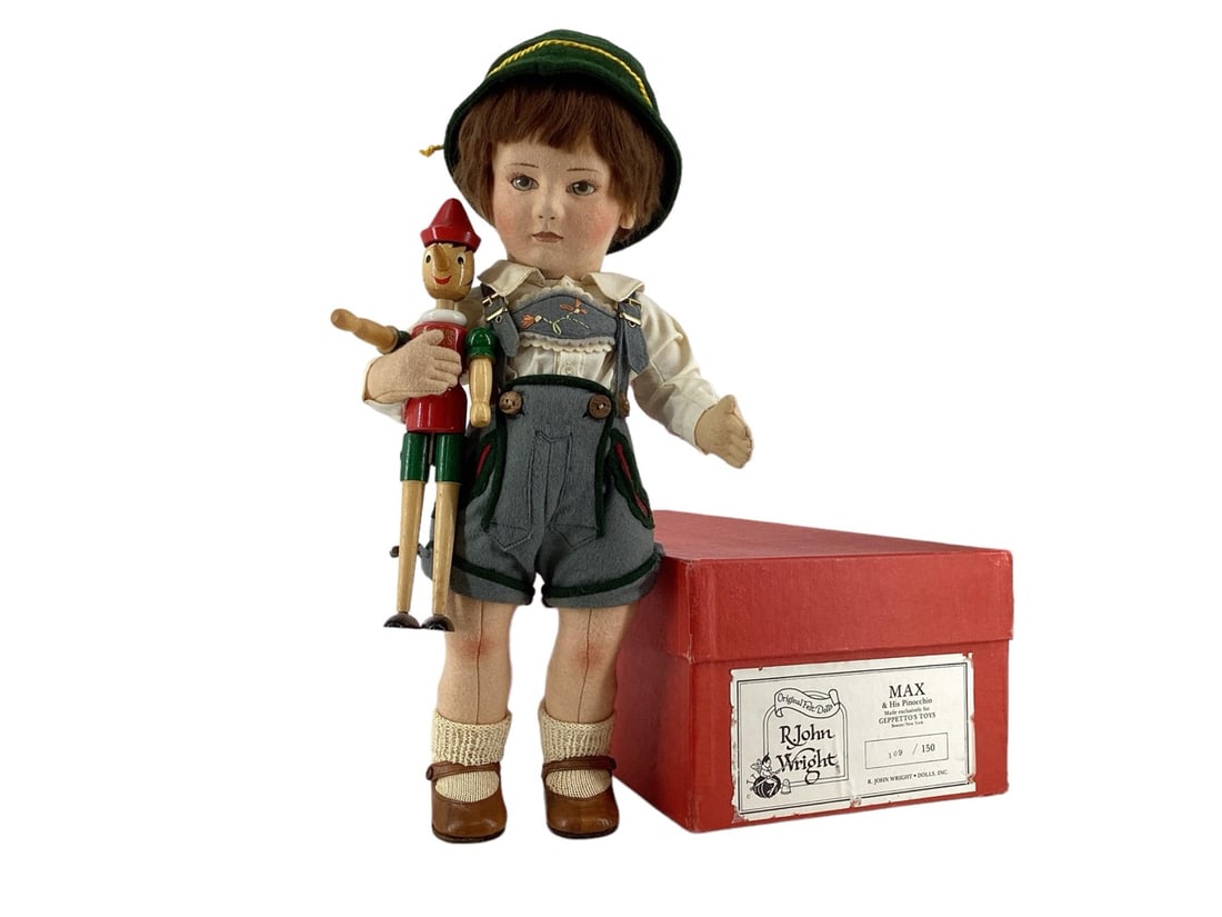 Original Felt Doll by R. John Wright 17" "Max & His Pinocchio" #109 of 150.: Original Felt Doll by R. John Wright 17" "Max & His Pinocchio" #109 of 150.Max is a charming molded felt doll. Fully jointed, he has hand-painted features and a brown mohair wig. He is dressed in a tr