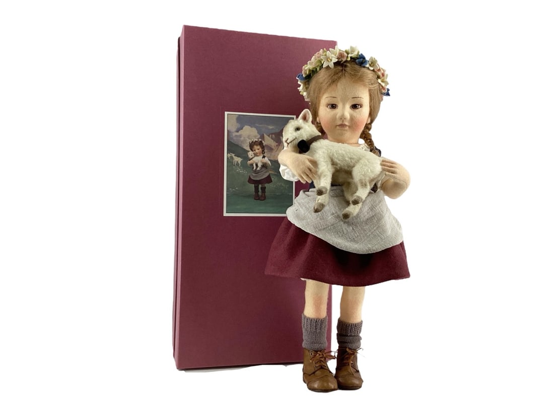"Heidi" #222/500 by R. John Wright Dolls: "Heidi" #222/500 by R. John Wright DollsHeidi is 17 1/2" molded felt, fully jointed, hand painted features. Mohair baby goat "Snowflake" with jointed neck and glass eyes.Date of Release
