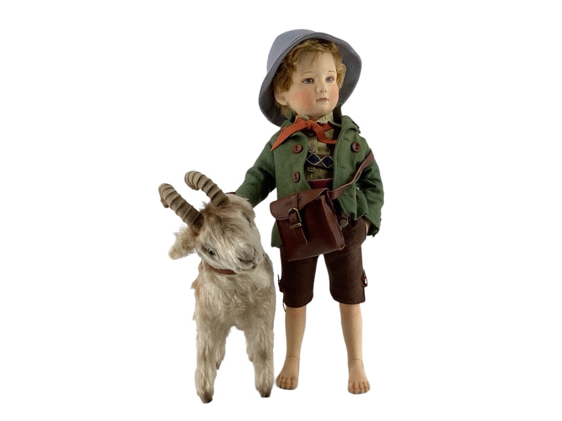 "Peter ~ The Goatherd" #0222/250 by R. John Wright Dolls: "Peter ~ The Goatherd" #0222/250 by R. John Wright DollsPeter the GoatherdDescription: 18 1/2" molded felt, fully jointed, hand painted features. Mohair goat "Turk" with jointed neck, f