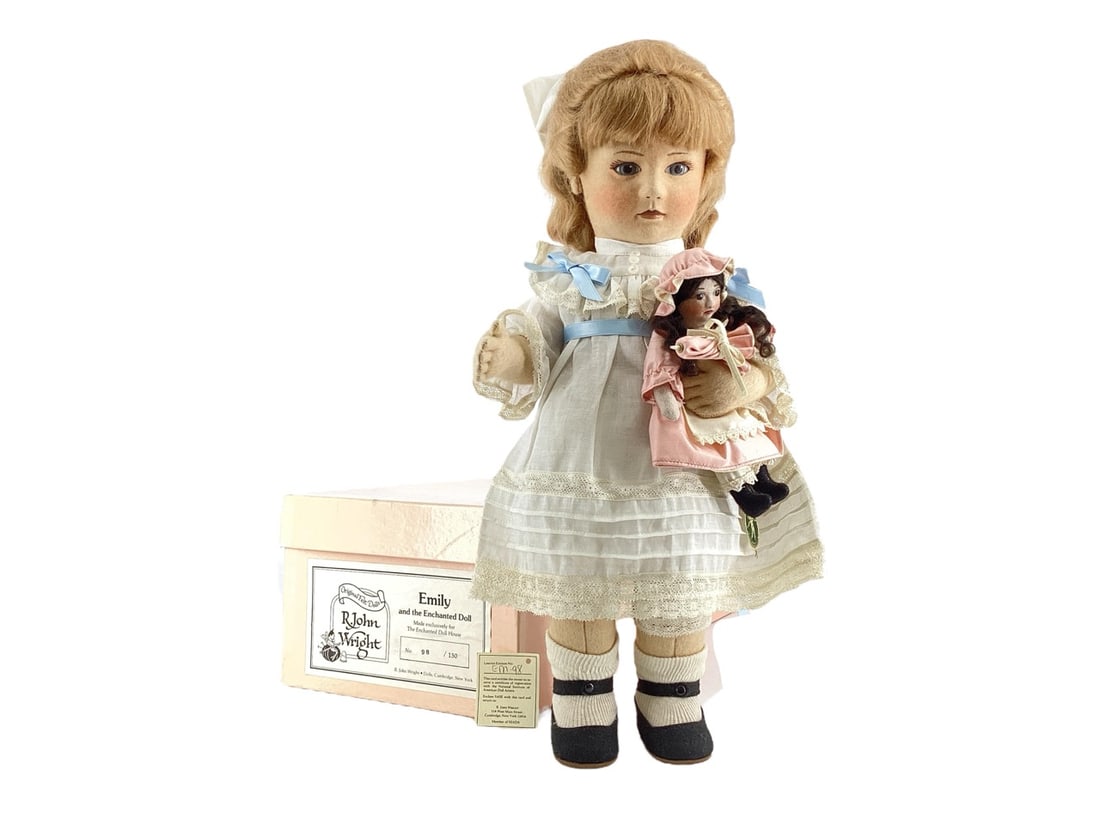 R. john Wright Original Felt Doll "Emily" and the Enchanted Doll EM #98 of 150.: R. john Wright Original Felt Doll "Emily" and the Enchanted Doll EM #98 of 150.Little Children Series.Emily stands 18" tall and is jointed at her neck, shoulders and hips. She is constructed of f