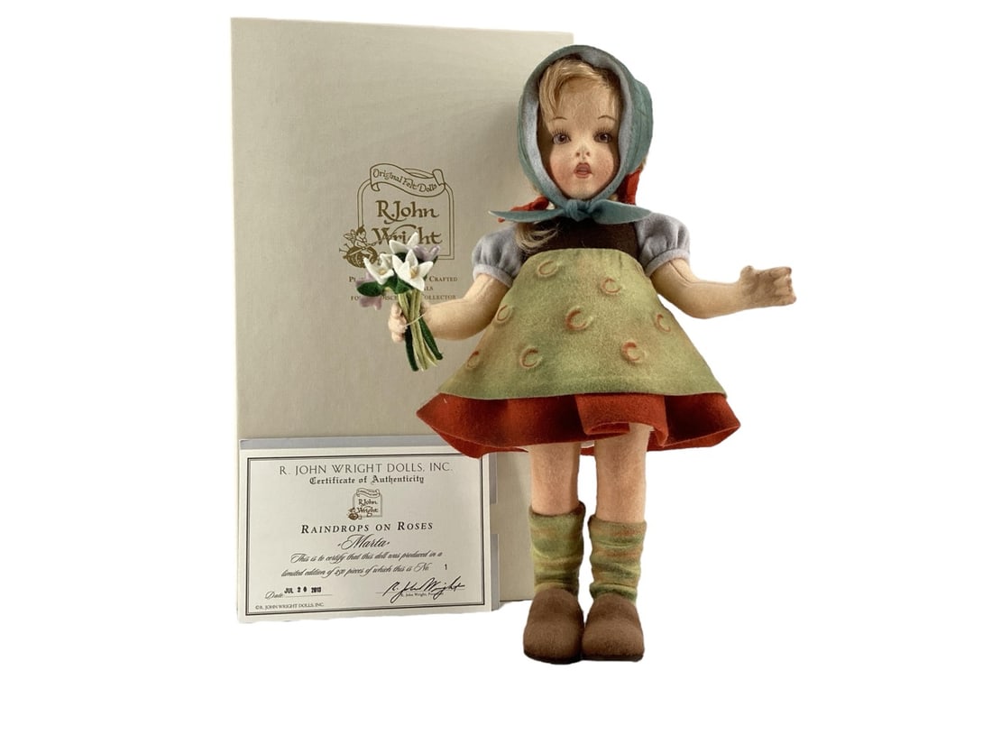 Raindrops on Roses "Martha" #1/250 by R. John Wright: Raindrops on Roses "Martha" #1/250 by R. John WrightMartha is 11.5" tall, fully jointed made of felt with hand painted features and mohair wig. All felt costume. Date of Release July 20, 2010. So