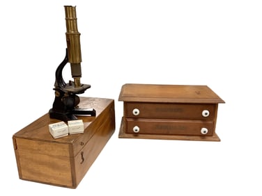 Microscope and Wooden Medical Box