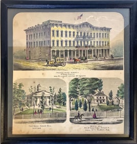 Vintage Framed, Hand Colored Print of Newark, Ohio 15 1/4 x 14 3/4 in. (38.7 x 37.5 cm.)