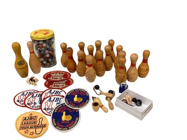 Miscellaneous Miniature Wooden Bowling Pin Trophies, Patches, and Marbles