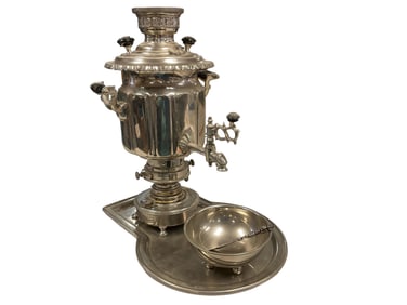 Russian Silver Plated Samovar with Tray, Silver Plated Butter Knife, and (1) Silver Plated Bowl