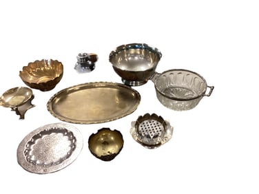 Metalware Pieces Including Brass, Silver Plate and Silver Tone Brass oval platter measures 17" long