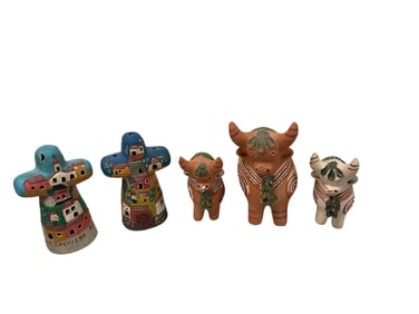 Peru Torito De Pucara Bull Terracotta Figurines Set of (3) and (2) Cross Candleholders