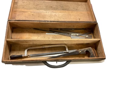 Wooden Tool Case, with (3) Hand Saws and Some Blades