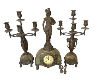 French Onyx & Metal Pendulum Clock with Matching Candelabras