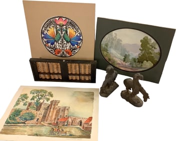 Collection of Various Water Paintings, Bronze Native American Figures, Vintage Abacus