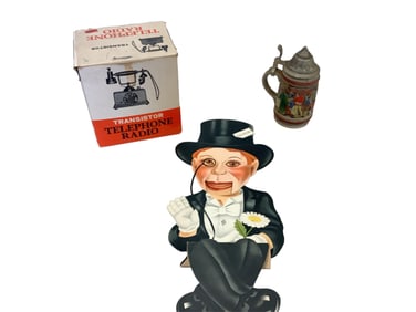 Vintage Phone, Beer Stein and Charley McCarthy Cardboard