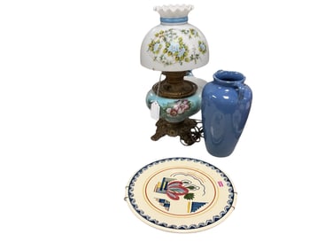 Oil Lamp, Made Electric, Vase, and Art Dutch Platter