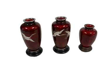 (3) CloisonnÈ Enamel Vases with Wooden Stands