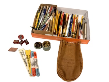 Box of Advertising Pencils, Pens, Leather Bank Bag, Sharpeners, Paper Fasteners, Fingernail Files