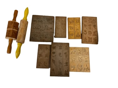 (7) Wooden Cookie Molds and (2) Cookie Mold Rolling Pins