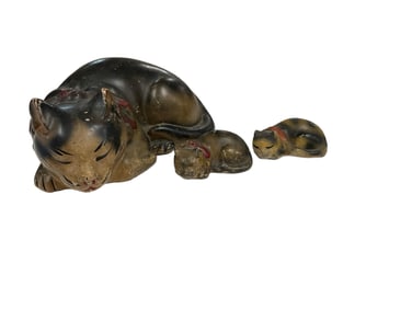Large Chalkware Sleeping Cat with (2) Little Ones