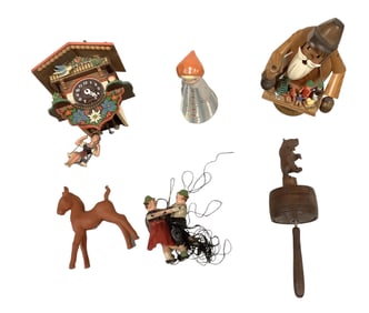 Lot of (6) Vintage Wooden and Clay Alpine Novelty Items