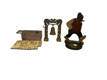 Wood Carved Figural Butler, Table-Top Ashtray Holder, Dominos with Case, Metal Bell