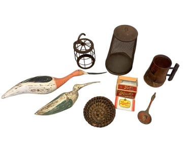 Hand Crafted Shore Birds, Stroh's Playing Cards, Wooden Spoon, Woven Basket, Wooden Mug, Vintage