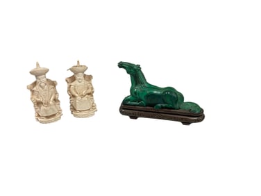 Emperor & Empress Figurines and Malachite Carved Stone Horse