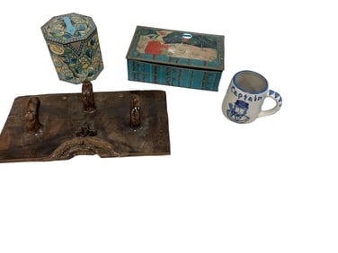 Clay Sculpture, Coat Tree, (2) Tins, (1) Captains Mug