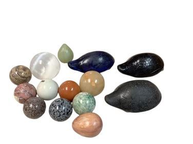 (3) Rough Glass Turtles, (8) Polished Natural Stone Orbs, and (2) Stone Eggs Turtles are 6" long