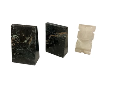 Black Marble Stone Bookends and Stone Hand Carved Tiki