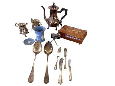 Silver Tea Set, Miscellaneous Silverware, Music Box, Wedgewood, Lighter