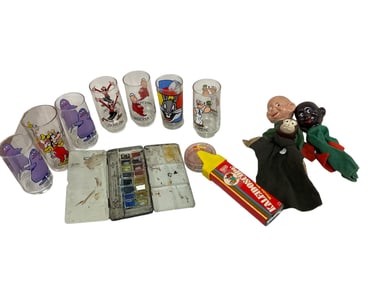 Cartoon Character Glasses and (3) Puppets