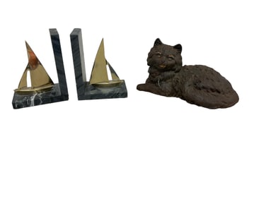 Pair of Marble Sailboat Book Ends and Cast Iron Cat Door Stop