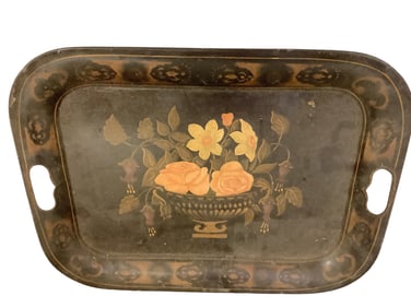 Tole Decorated Serving Tray with Handles