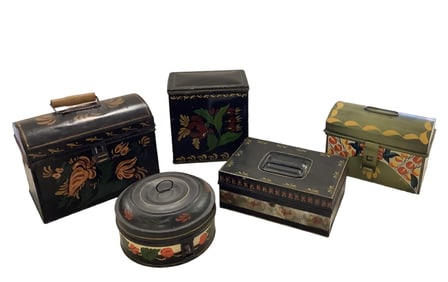Tole Decorated Tinware with Hinged Lids