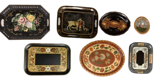 Tole Decorated Tinware and Painted Wooden Bowl