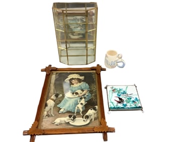 Girl Feeding Puppies in Wood Frame with Leaf Corners Plus More