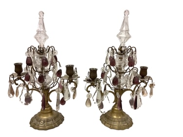 (2) Brass Candelabras with Crystals Approximately 16"