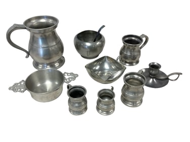 Stamped Pewter Measuring Containers and Various Items
