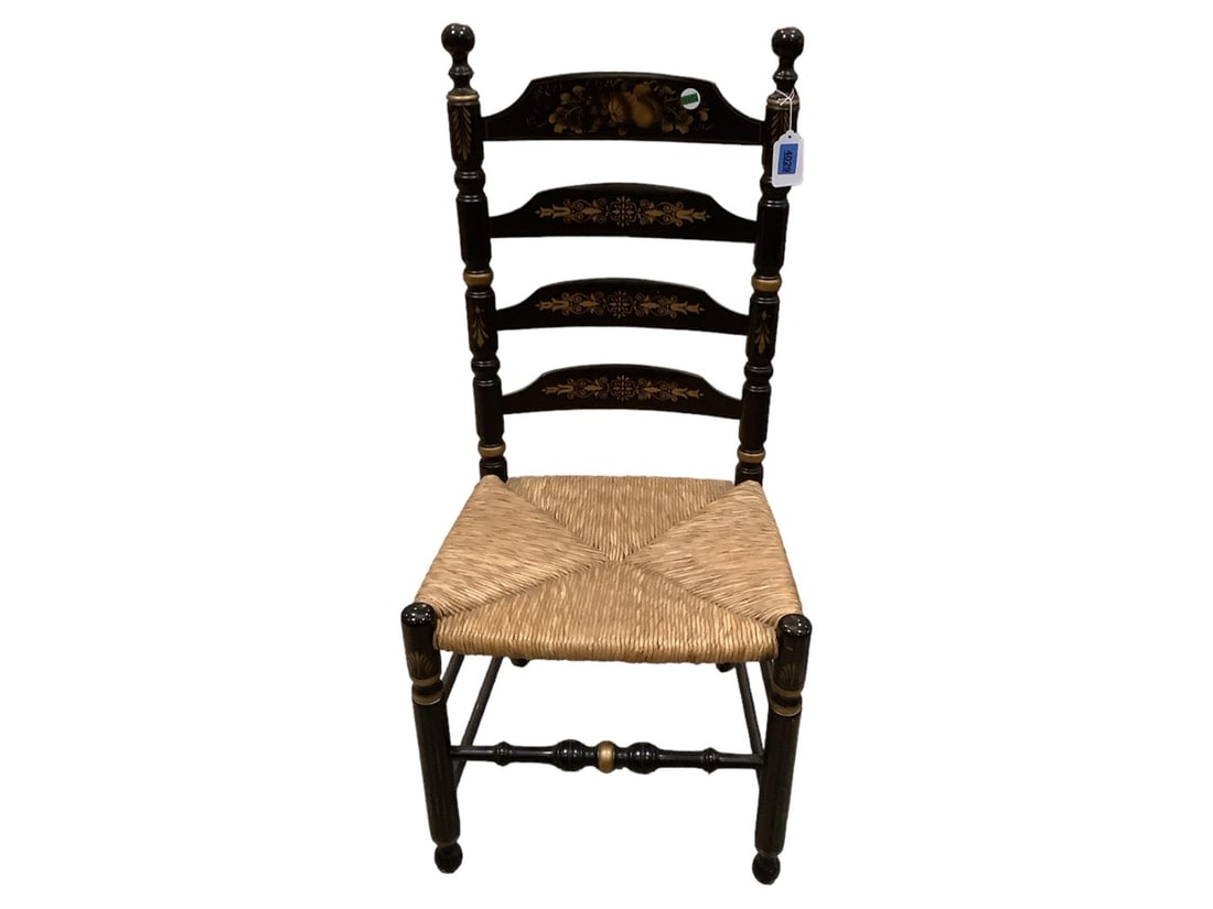 L. Hitchcock Ladder-Back Chair 41 in. (104.1 cm.): L. Hitchcock Ladder-Back Chair Ladder back chair with stencil decor, and rush seat. 41 in. (104.1 cm.)