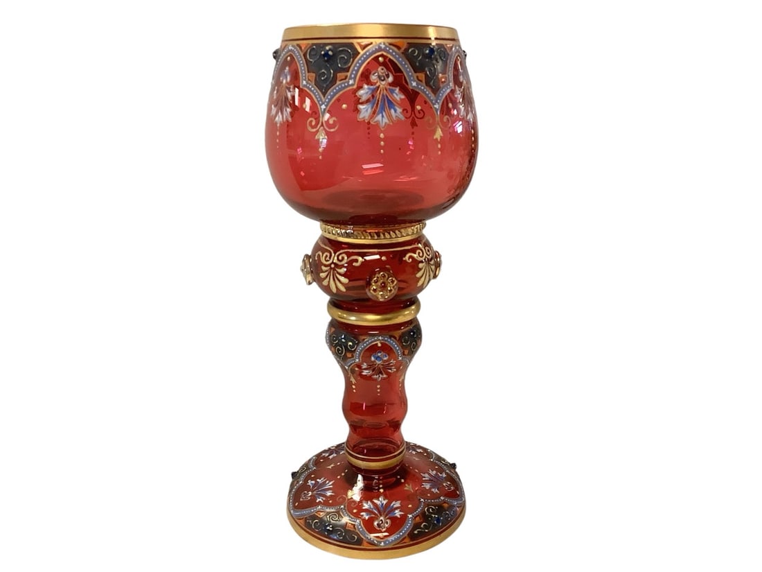 Bohemian Moser Gilt Enameled Cranberry Goblet 7" tall (1 of 4)